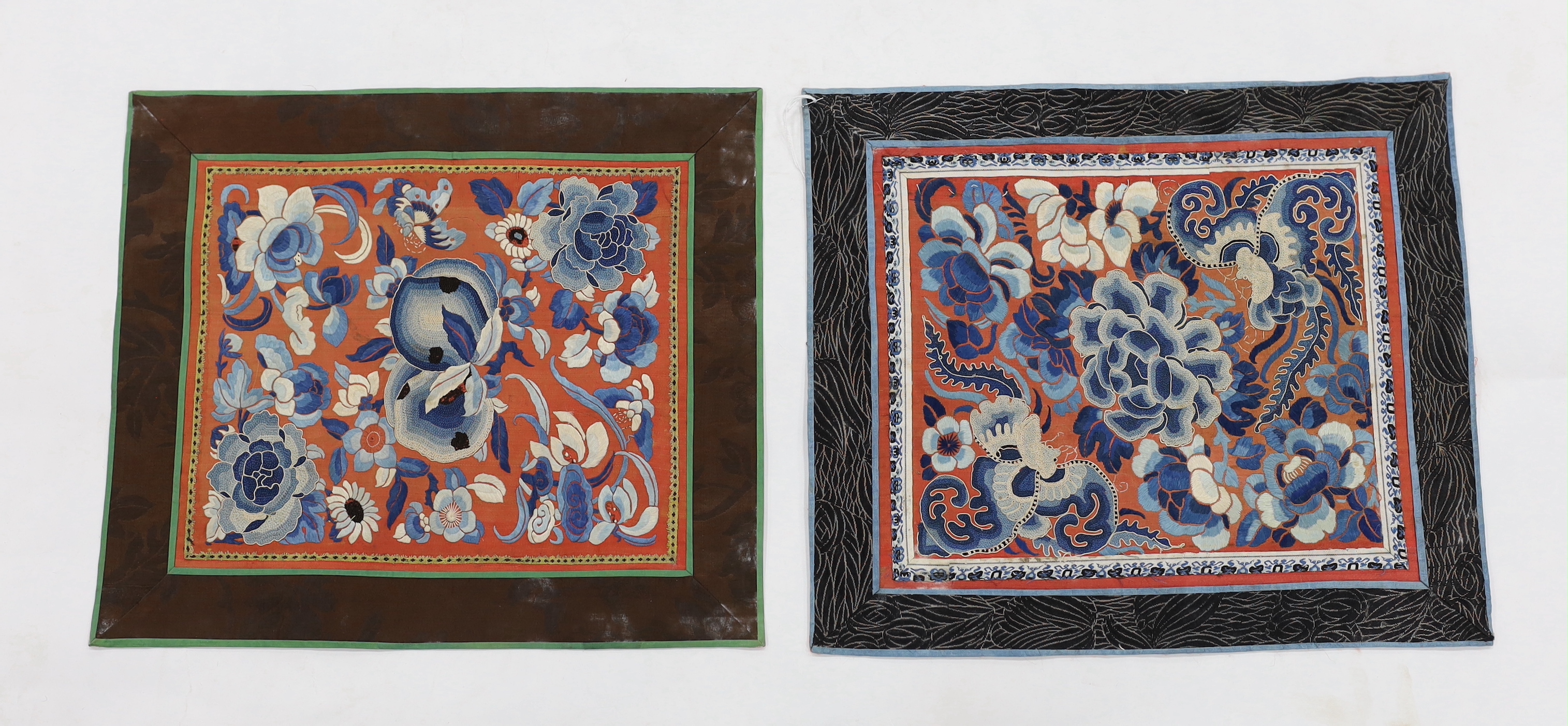Five Chinese embroidered mats with polychrome silk embroidery using Beijing knot stitch, together with a large square blue silk cover with silk embroidered spot motifs and gold thread work, all items bordered with silk b